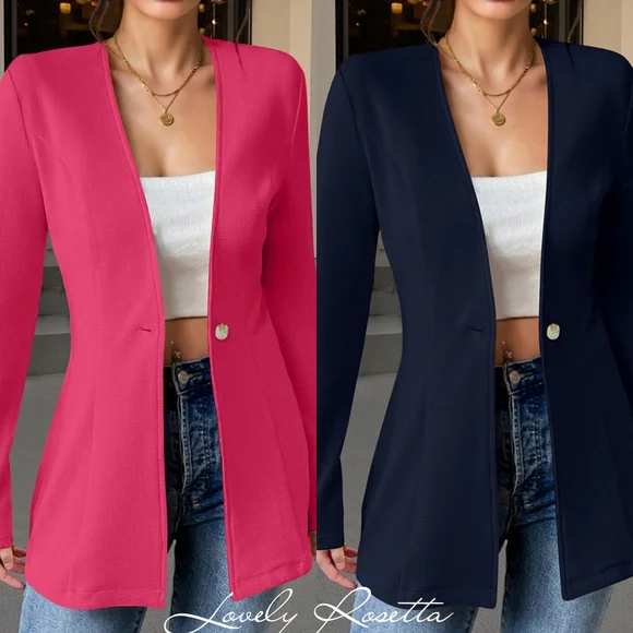 Navy Blue Women's One Button Blazer - Picture 5 of 6